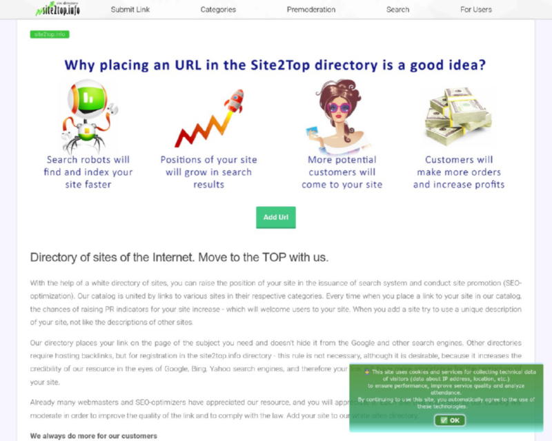 Изображение скриншота сайта - Site2top.info – это белый каталог прямых ссылок для англоязычных сайтов с ручной модерацией